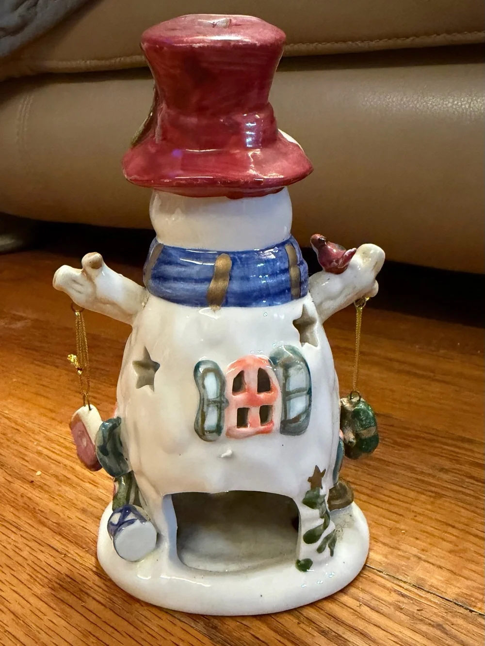 Ceramic Snowman Holiday Tealight Candle holder with Red Hat and Blue Scarf